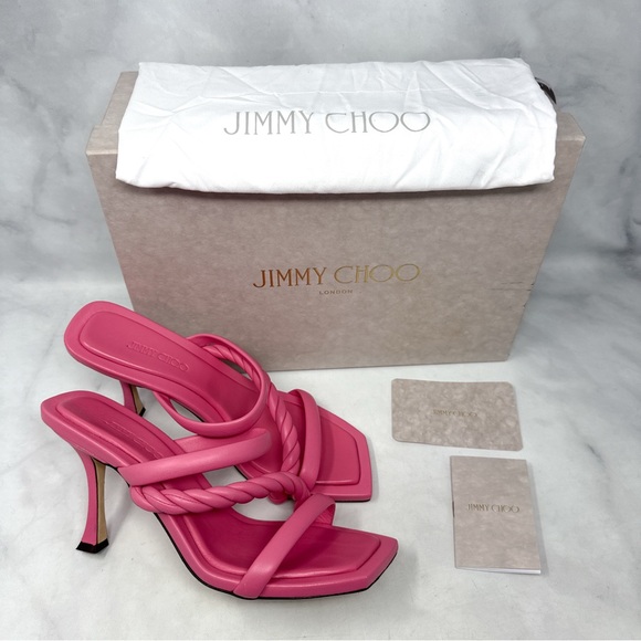 NEW Jimmy Choo Diosa Braided Square Toe Stiletto Heel Mule Sandals Pink 38.5 - Picture 2 of 14